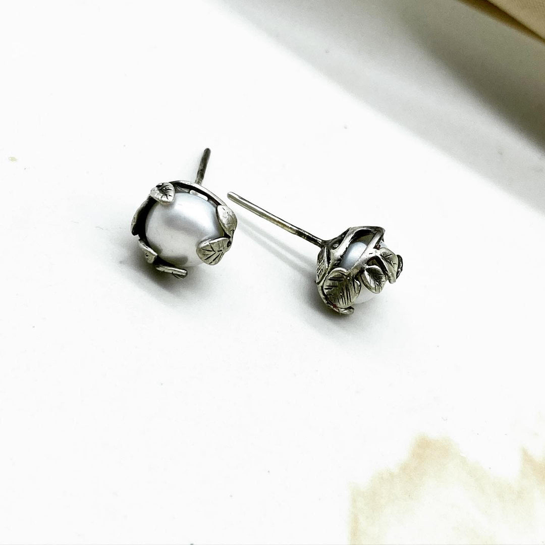 Aretes perlas hoja «Plata 925 con acabado antiguo + Perla Cultivada»