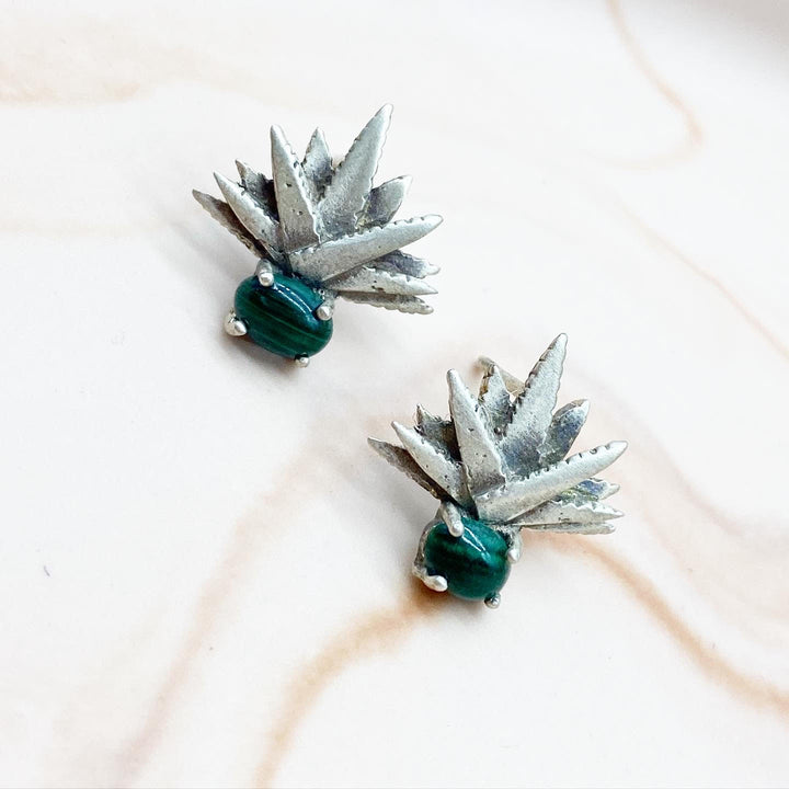 Aretes Agave «Plata 925 con acabado antiguo + Piedra Malaquita»